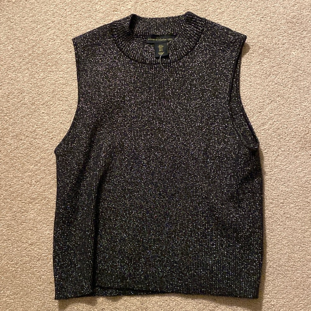 House of Harlow 1960 Shimmer Knit Black Metallic Sleeveless Mock Neck Top - L - Picture 1 of 5